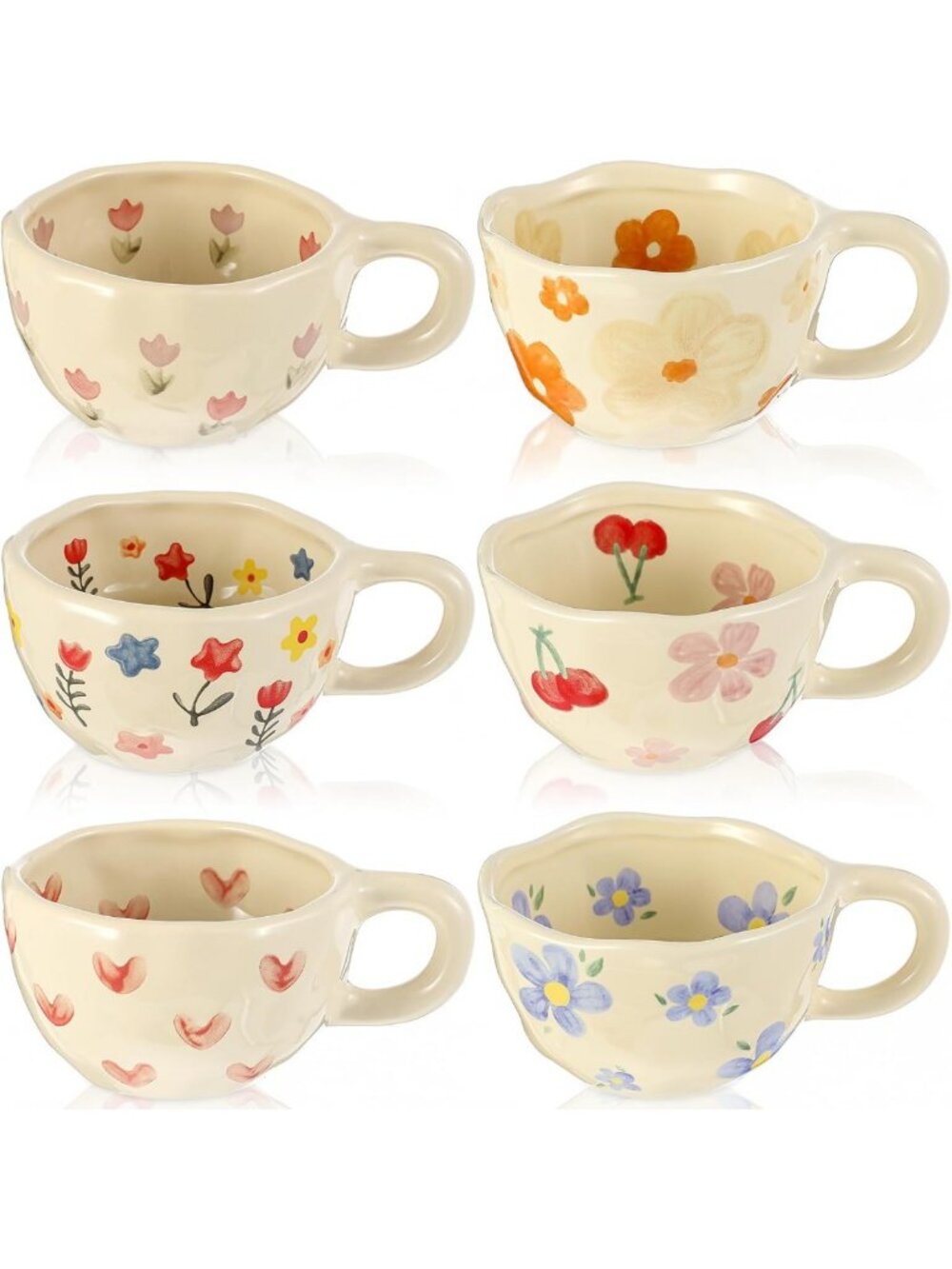 Set of 6 Cute 12oz Ceramic Coffee Mugs - Glazed Finish, Perfect for Home & Gifts
